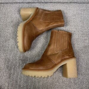 Free People James Chelsea Tan Leather Boho Chunky Heeled Lug Ankle Boot 37.5